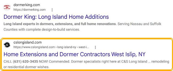 C&S of Long Island ranking #2 organic on page one for dormer contractors long island