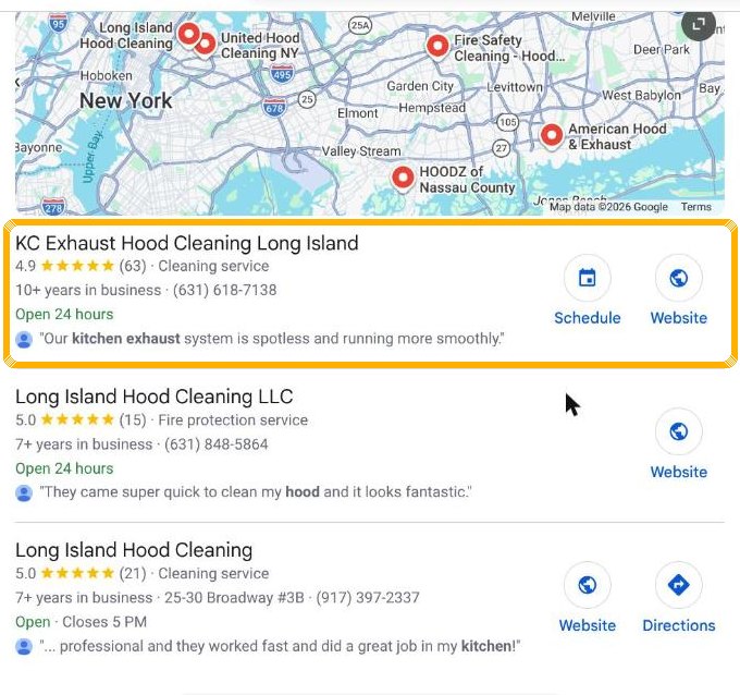 KC Exhaust Hood Cleaning ranking #1 in the Google Maps pack for kitchen exhaust hood cleaning long island