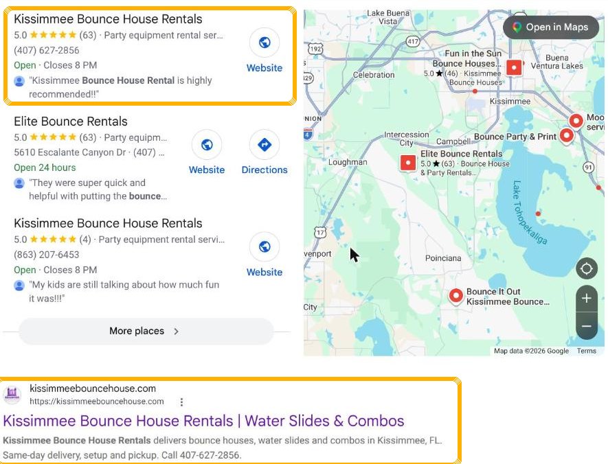 Kissimmee Bounce House Rentals ranking #1 in Google Maps and #1 organic for bounce house rentals kissimmee