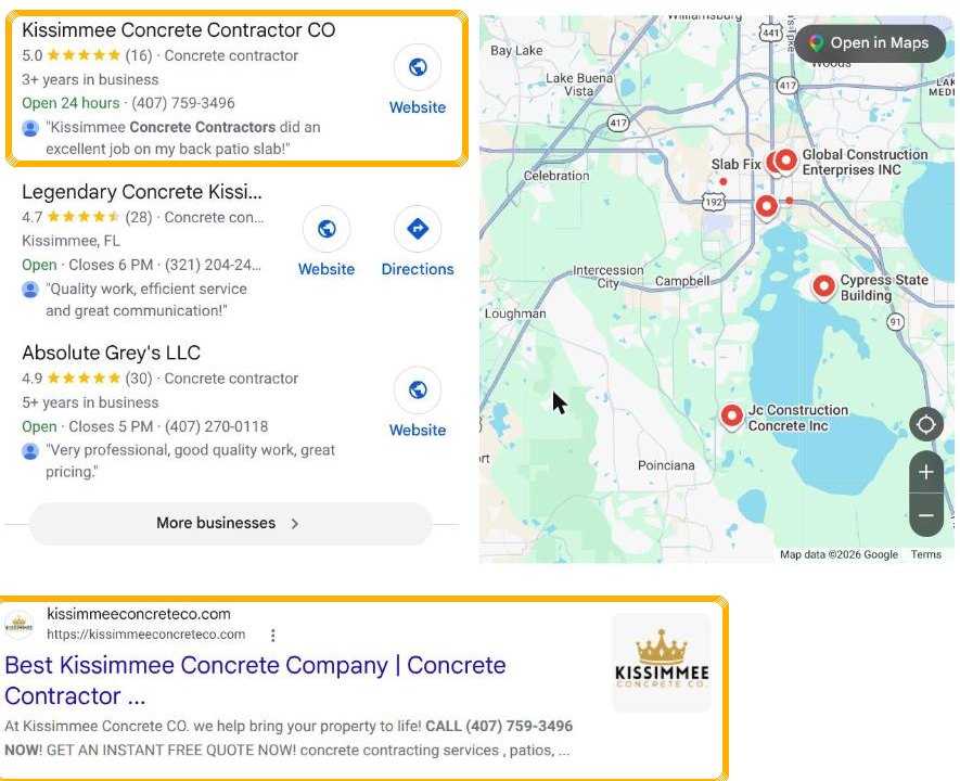 Kissimmee Concrete Contractor ranking #1 in Google Maps and #1 organic for concrete contractor kissimmee
