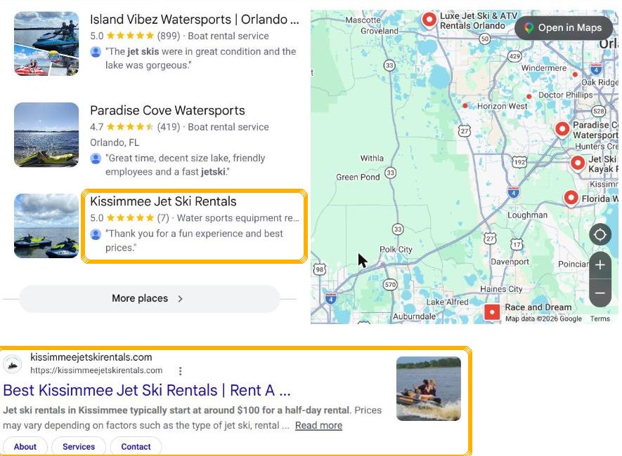 Kissimmee Jet Ski Rentals ranking #1 organic and top 3 in Google Maps for jet ski rentals kissimmee
