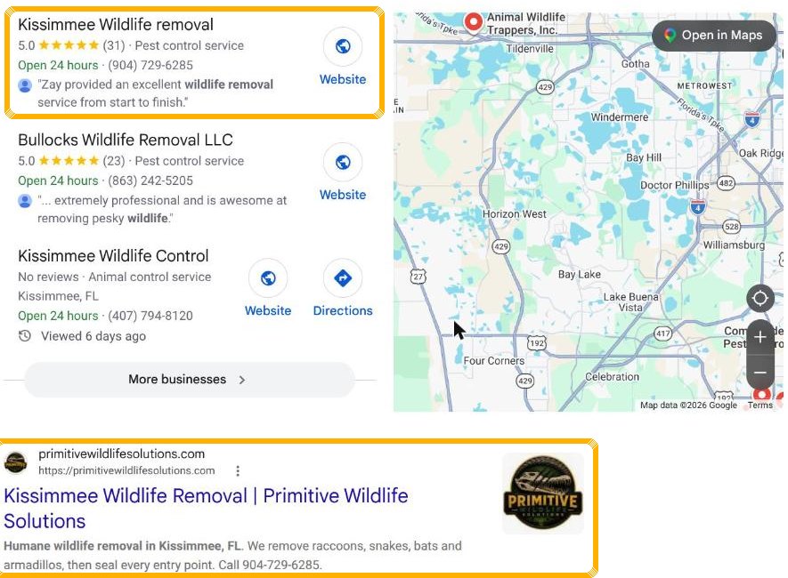 Kissimmee Wildlife Removal ranking #1 in Google Maps and #1 organic for wildlife removal kissimmee fl
