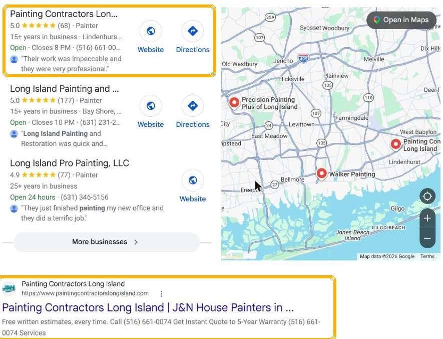 Painting Contractors Long Island ranking #1 in Google Maps and #1 organic for painting contractors long island