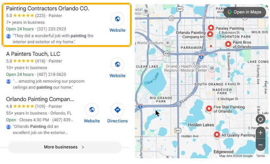 Painting Contractors Orlando ranking #1 in the Google Maps pack for painting contractors orlando